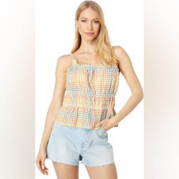 Madewell Seersucker Sophia Peplum Tank in Rainbow Gingham Check. Size L - Picture 7 of 16